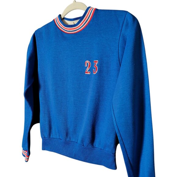 Vintage JCPenney Kids Boy Blue Striped Hems Crewneck Retro Varsity Sweater 14/16 - Picture 2 of 9